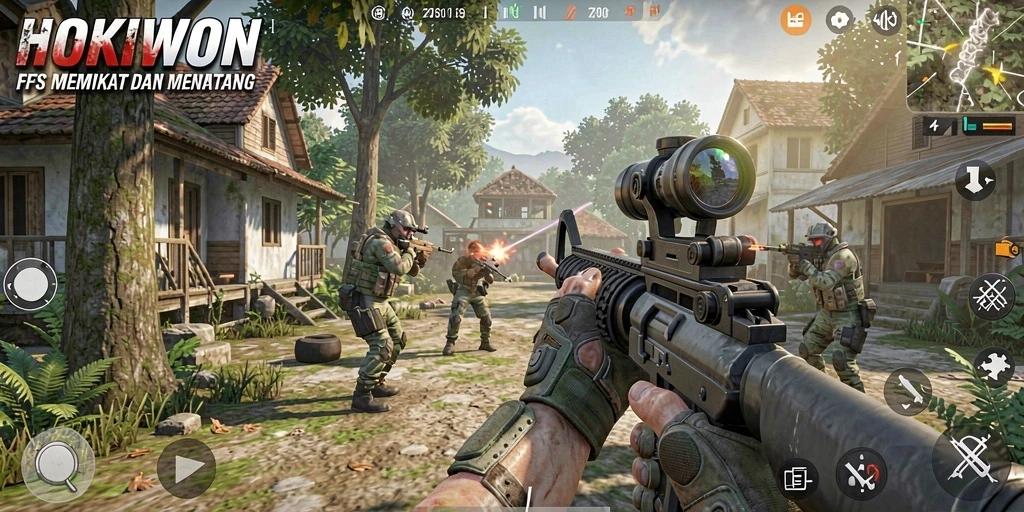Screenshot khas dari gameplay HOKIWON yang menampilkan aksi tembak-menembak mendebarkan.
