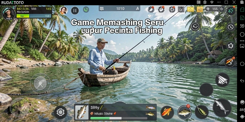 Screenshot RUDALTOTO menampilkan aksi seru memancing di danau yang indah.