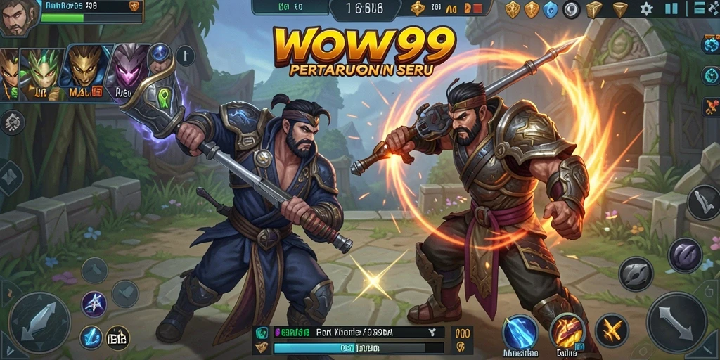 Screenshot WOW99 menunjukkan aksi pertarungan seru dalam game MOBA.